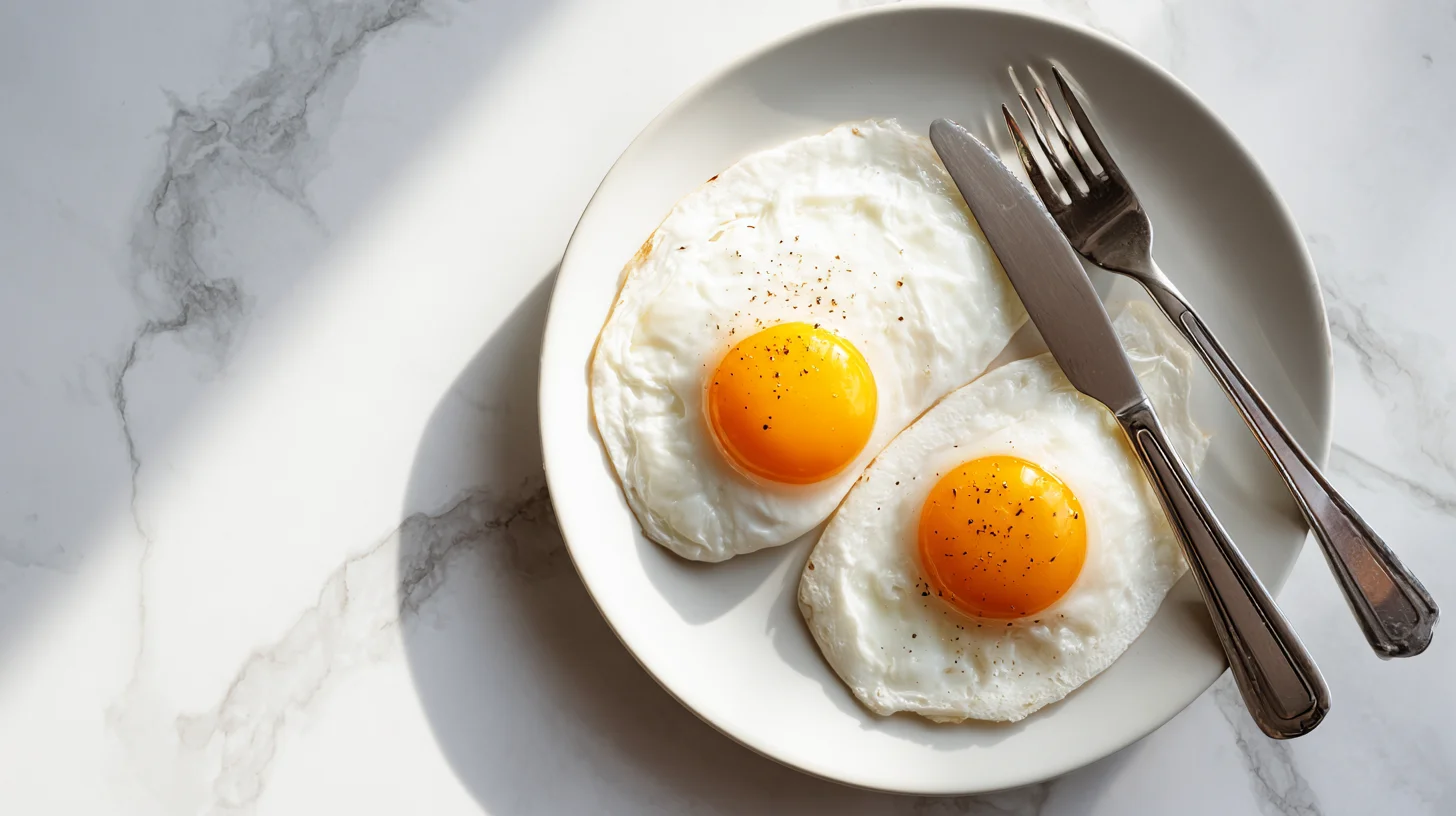 Two perfectly cooked eggs on white plate showing golden yolks and egg whites on marble counter
