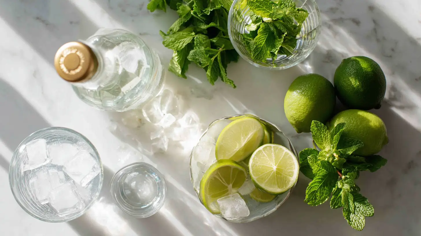 Non-alcoholic Hugo Spritz mocktail ingredients including elderflower syrup and fresh mint, overhead view