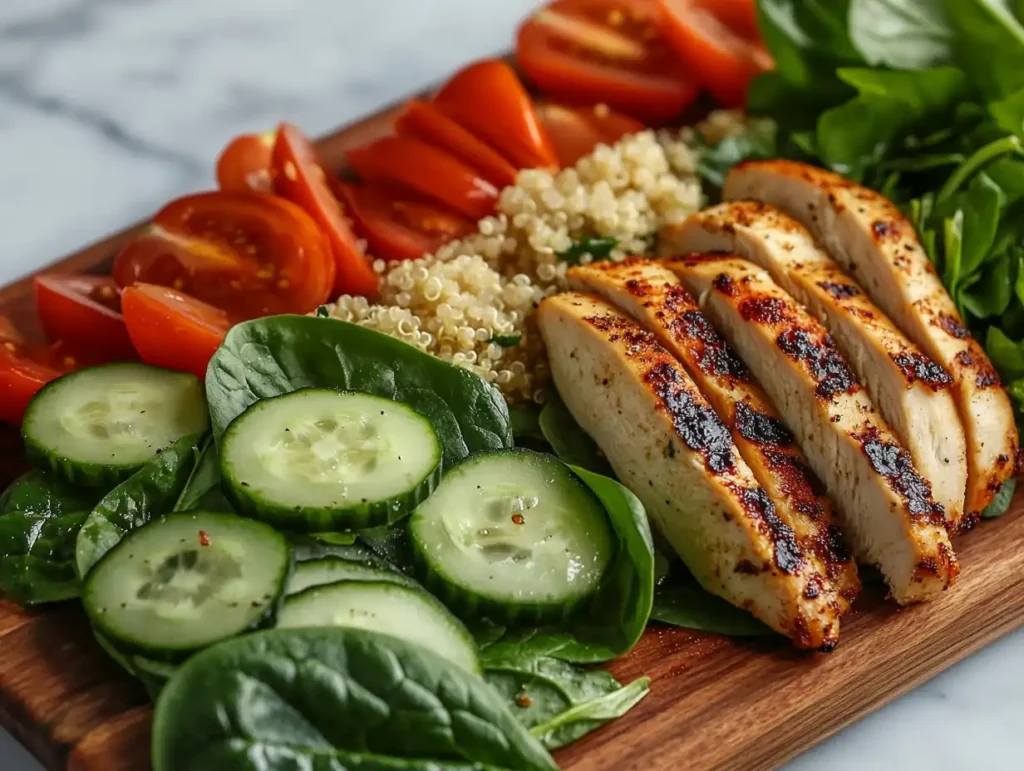 Fresh vegetables, grains, and lean proteins arranged on a wooden cutting board.