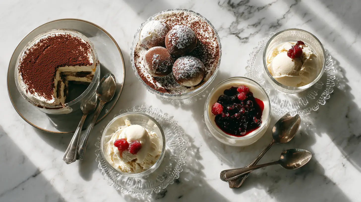 Italian desserts for slider pairings including tiramisu, gelato, and panna cotta overhead view
