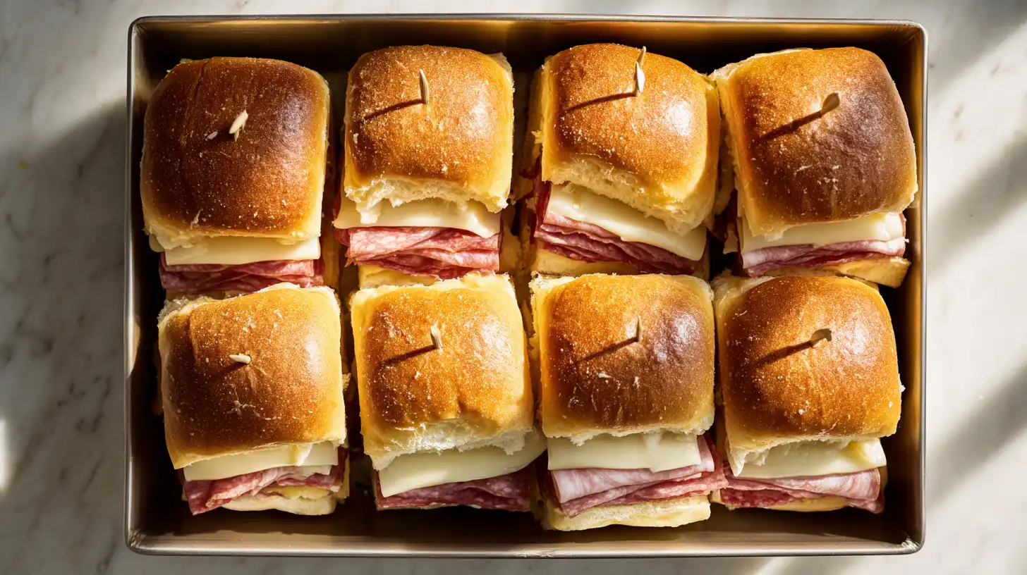 Italian sliders assembly in baking pan showing layered meats and cheese between connected rolls, overhead view