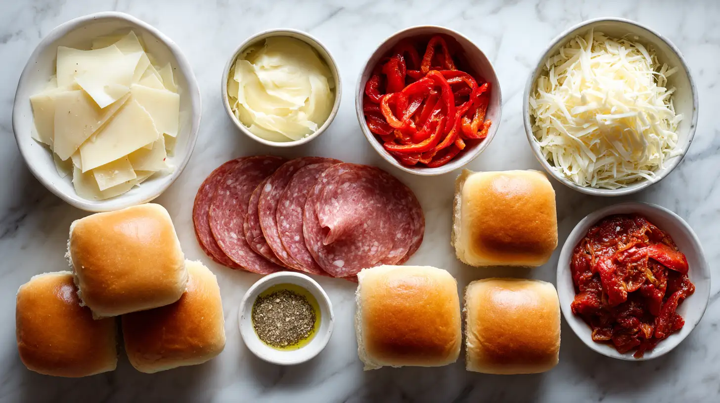 Italian slider ingredients, including potato rolls, salami, capicola, provolone cheese, and roasted peppers, overhead view