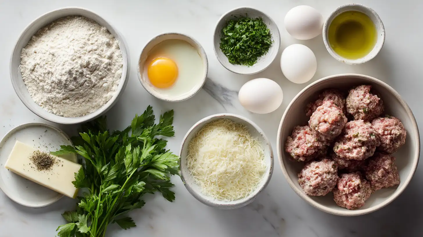 Italian turkey meatballs ingredients including ground turkey, milk-soaked breadcrumbs, and herbs, overhead view