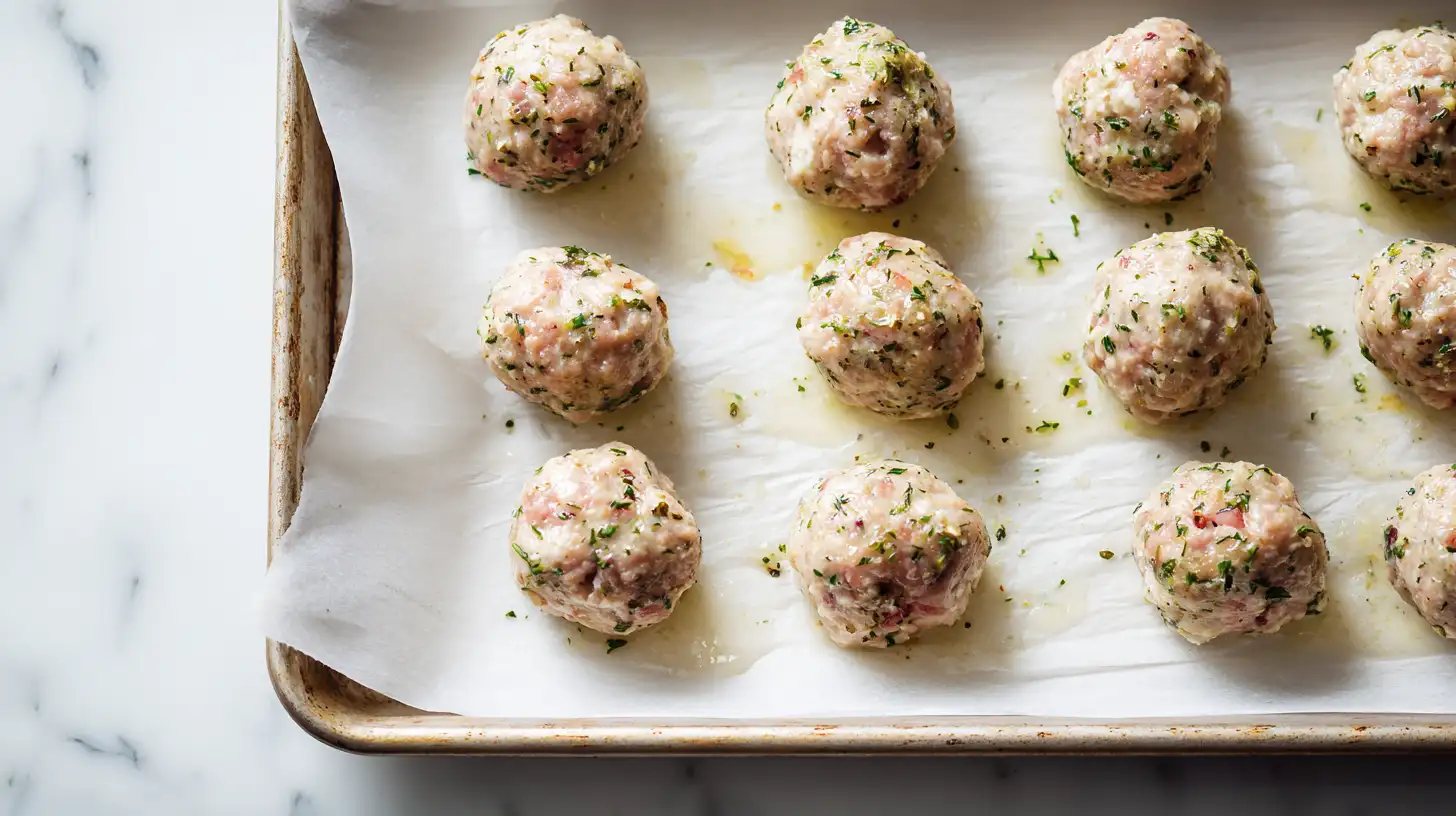 Raw italian turkey meatballs on baking sheet, ready to cook, overhead view