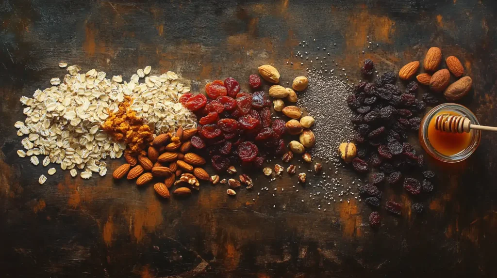 A close-up of ingredients for energy-boosting granola bars, including oats, nuts, seeds, honey, and dried fruits.