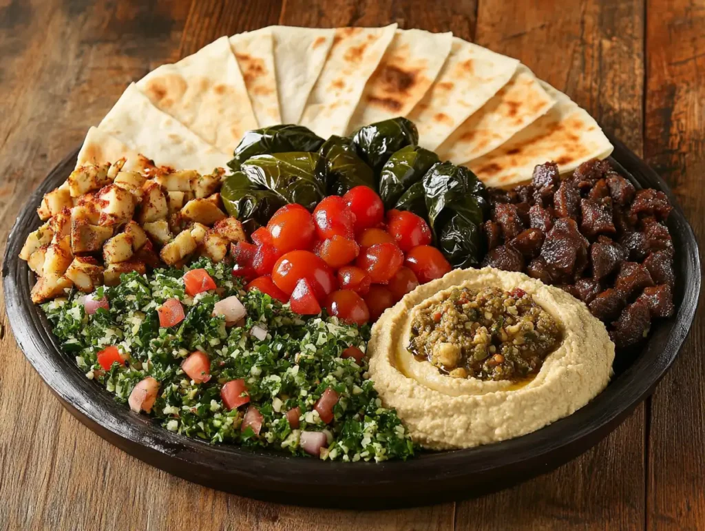 A traditional Lebanese mezze platter featuring hummus, baba ghanoush, tabbouleh, and pita bread.