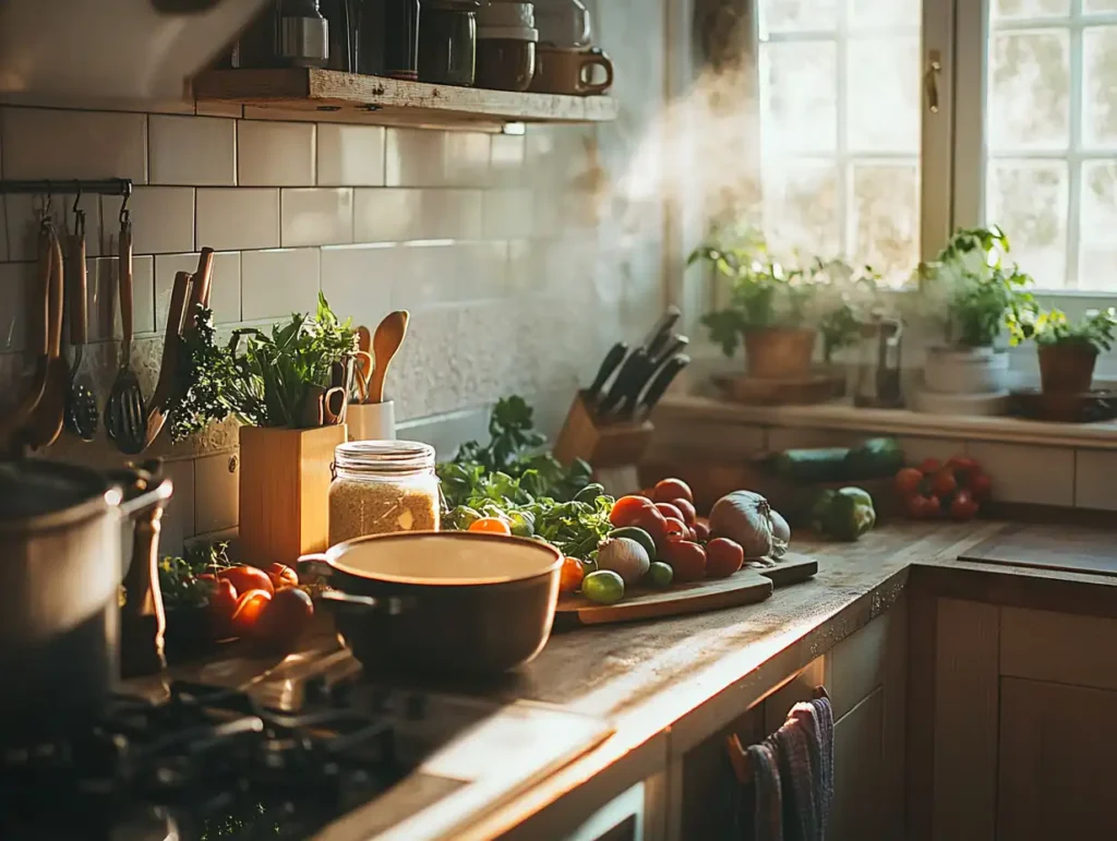 A packet of Lipton Onion Soup Mix on a rustic kitchen counter surrounded by fresh vegetables and kitchen tools.