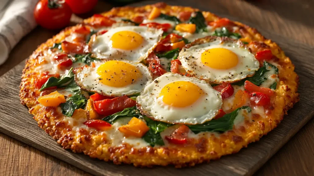 A close-up of a low-carb cauliflower breakfast pizza topped with eggs, cheese, and colorful vegetables.