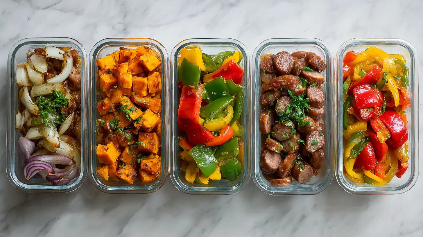 Five glass meal prep containers filled with sweet potato hash for weekly breakfast