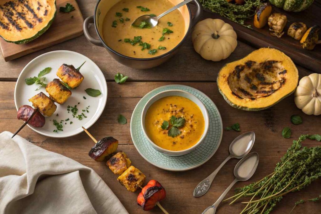 An assortment of squash dishes including roasted acorn squash, soup, and grilled skewers on a wooden table.Most Popular Squash Recipes
