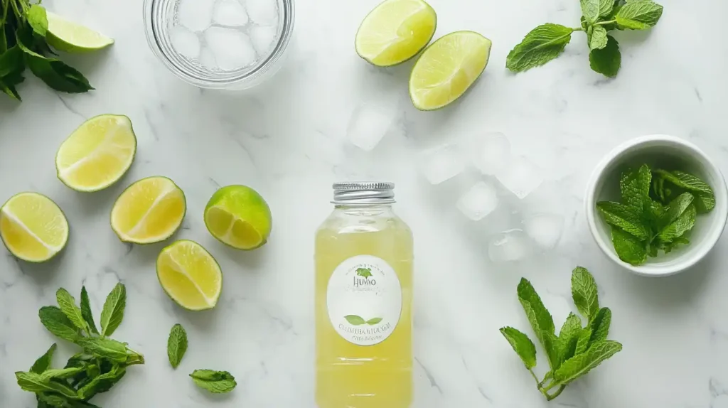 Ingredients for a non-alcoholic Hugo Spritz, including sparkling water, elderflower syrup, mint, and lime.
