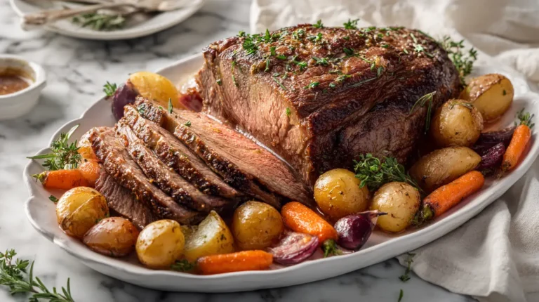 Tender arm roast recipe with roasted vegetables on serving platter
