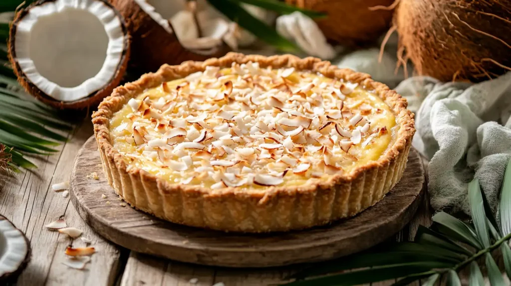 A freshly baked coconut pie on a wooden table, surrounded by tropical decor.