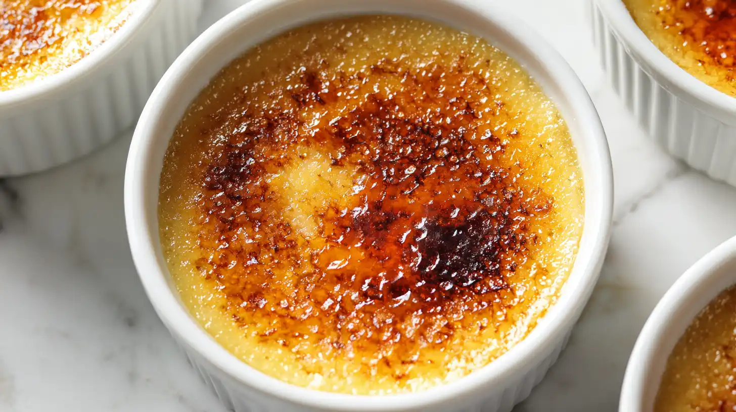 Finished crème brûlée with golden caramelized sugar crust overhead view