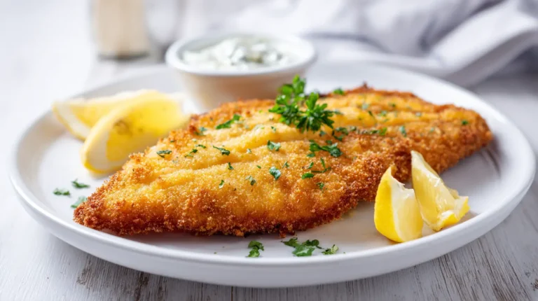 Golden crispy fried fish recipe with cornmeal breading on white marble with lemon and tartar sauce