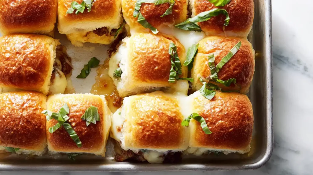 Finished baked Italian sliders with golden brown tops and melted cheese in baking pan, overhead view