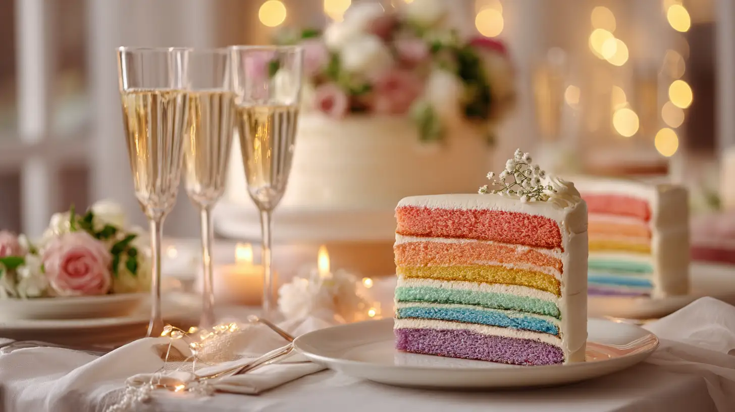 Elegant party table with sliced rainbow layered cake showing colorful internal layers