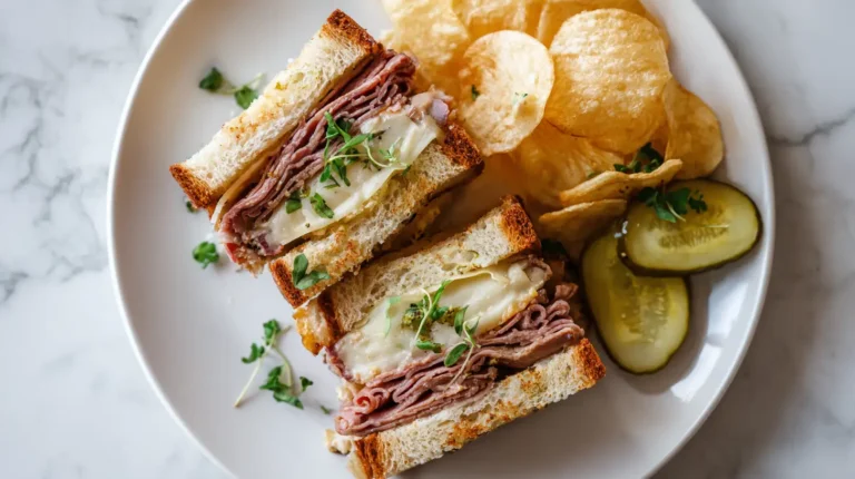 Finished roast beef and swiss cheese sandwich cut in half with chips and pickle overhead view