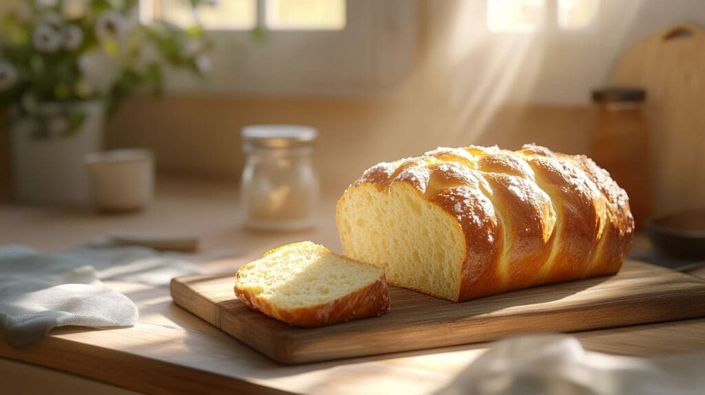 Freshly baked golden brioche on a wooden cutting board