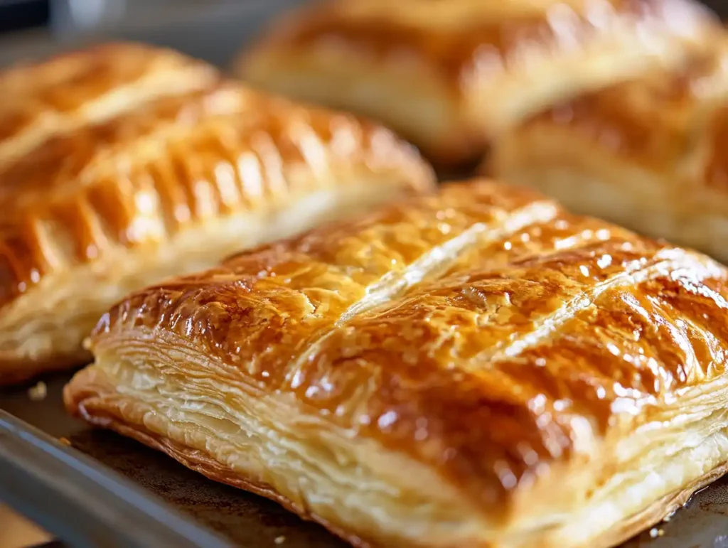 Golden puff pastry fresh out of the oven with flaky, crisp layers.