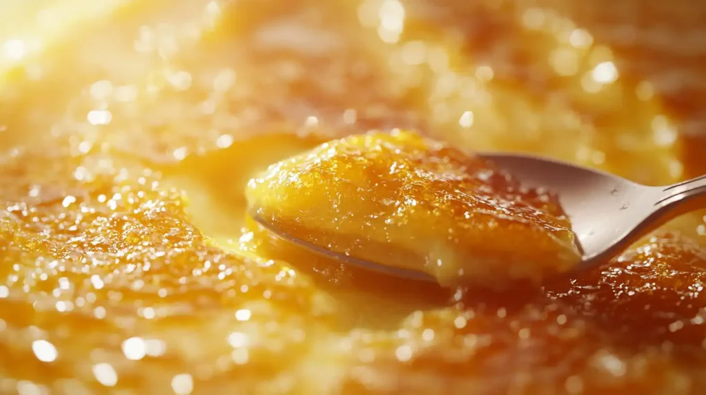 A close-up view of a creamy custard dessert with a caramelized sugar top, gently cracked by a spoon.