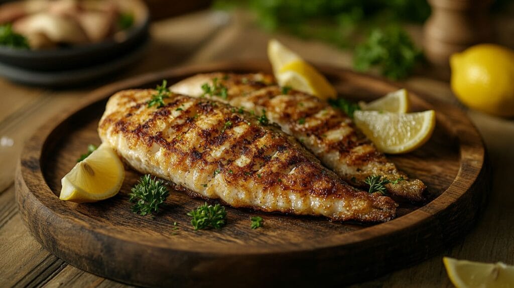 A golden-brown crispy fried fish served on a rustic wooden plate with a side of lemon wedges and parsley garnish.