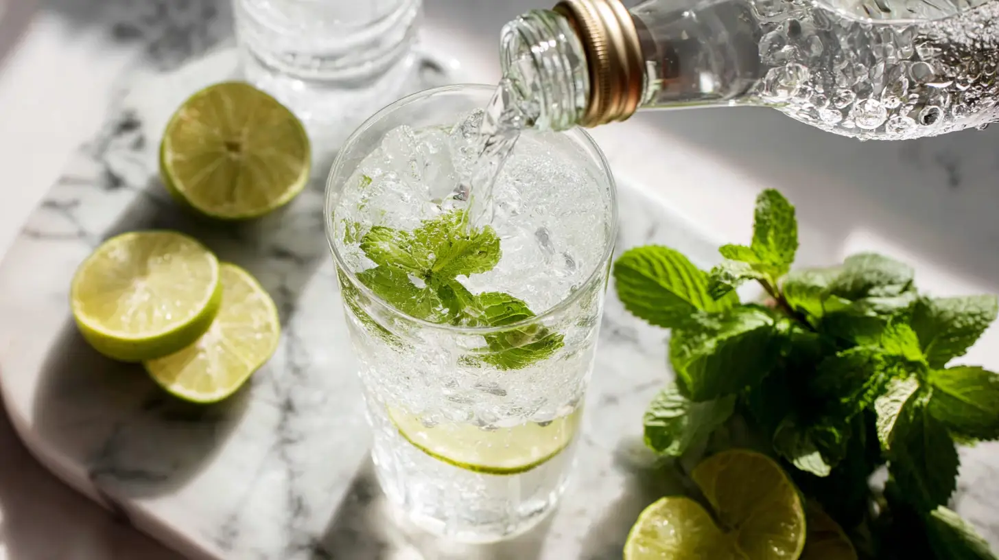 Making non-alcoholic Hugo Spritz mocktail with elderflower syrup overhead view