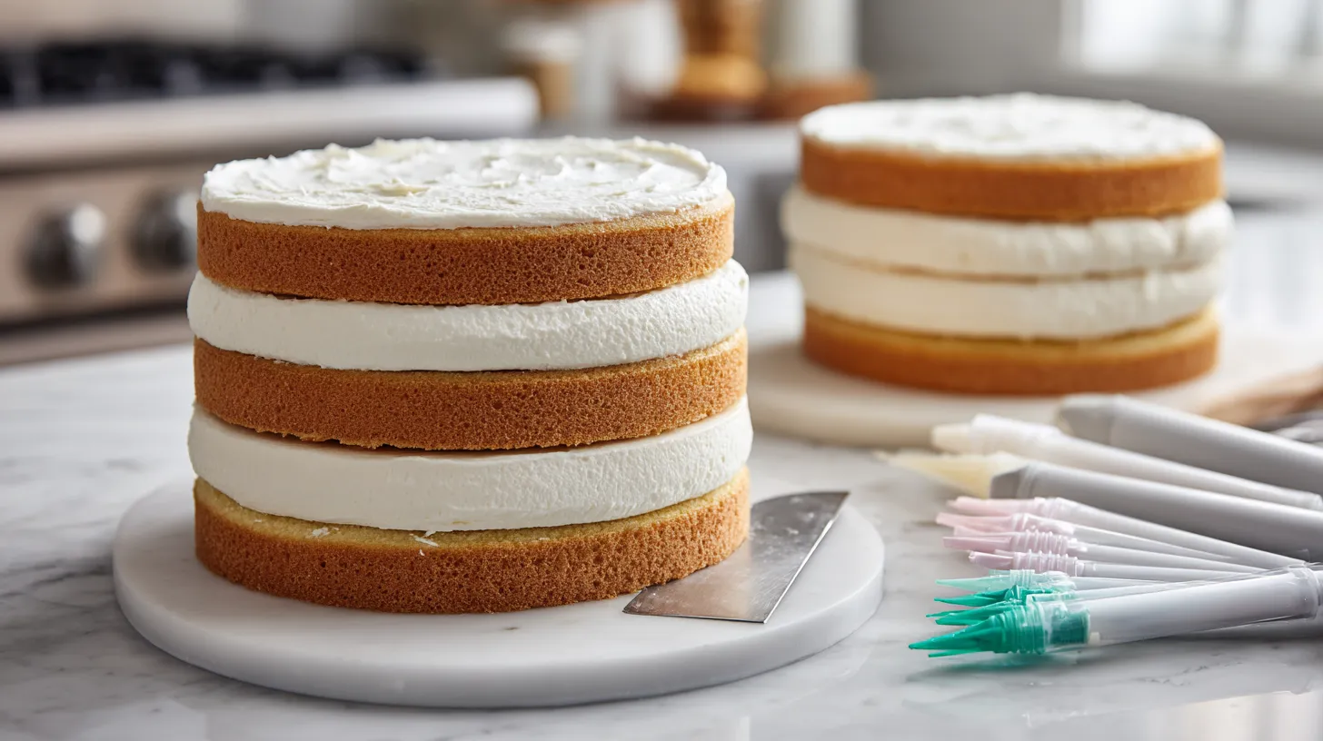 Step-by-step cake assembly showing level layers being stacked with frosting tools