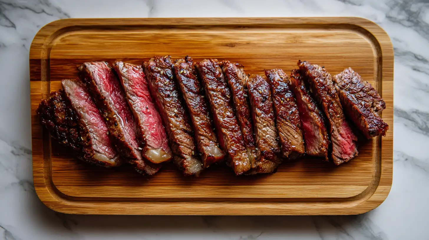 Steak pasta recipes showing cooked steak sliced against the grain from an overhead view