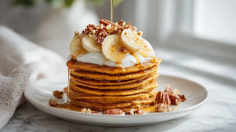 Stack of fluffy pumpkin spice protein pancakes with maple syrup, bananas and pecans on white marble counter