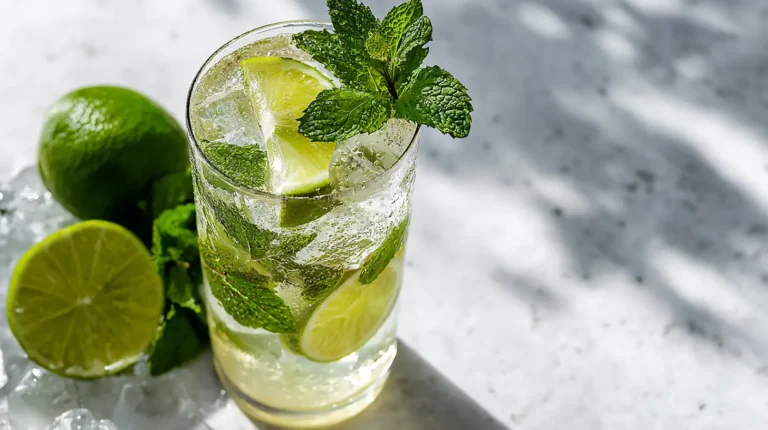 Finished non-alcoholic Hugo Spritz mocktail with mint and lime garnish overhead view