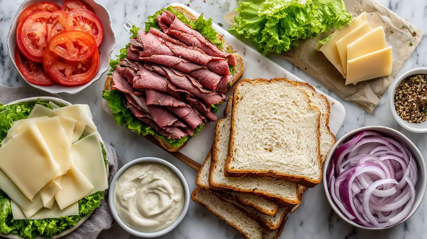 Roast beef and swiss cheese sandwich ingredients including deli meat, cheese, bread, and condiments, overhead view