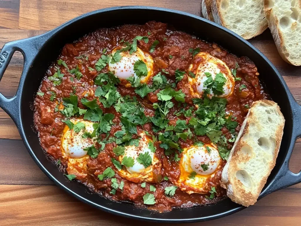 Rustic skillet of shakshuka with poached eggs in spicy tomato sauce garnished with herbs.