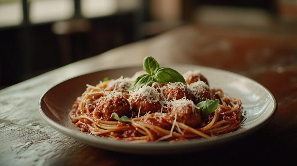 A serving of spaghetti topped with turkey meatballs and tomato sauce, finished with grated Parmesan cheese and fresh parsley.