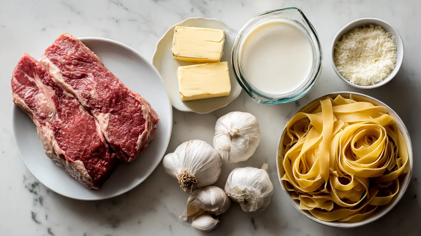 The ingredients for steak pasta recipes, including sirloin steak, fettuccine, cream, and garlic, overhead view