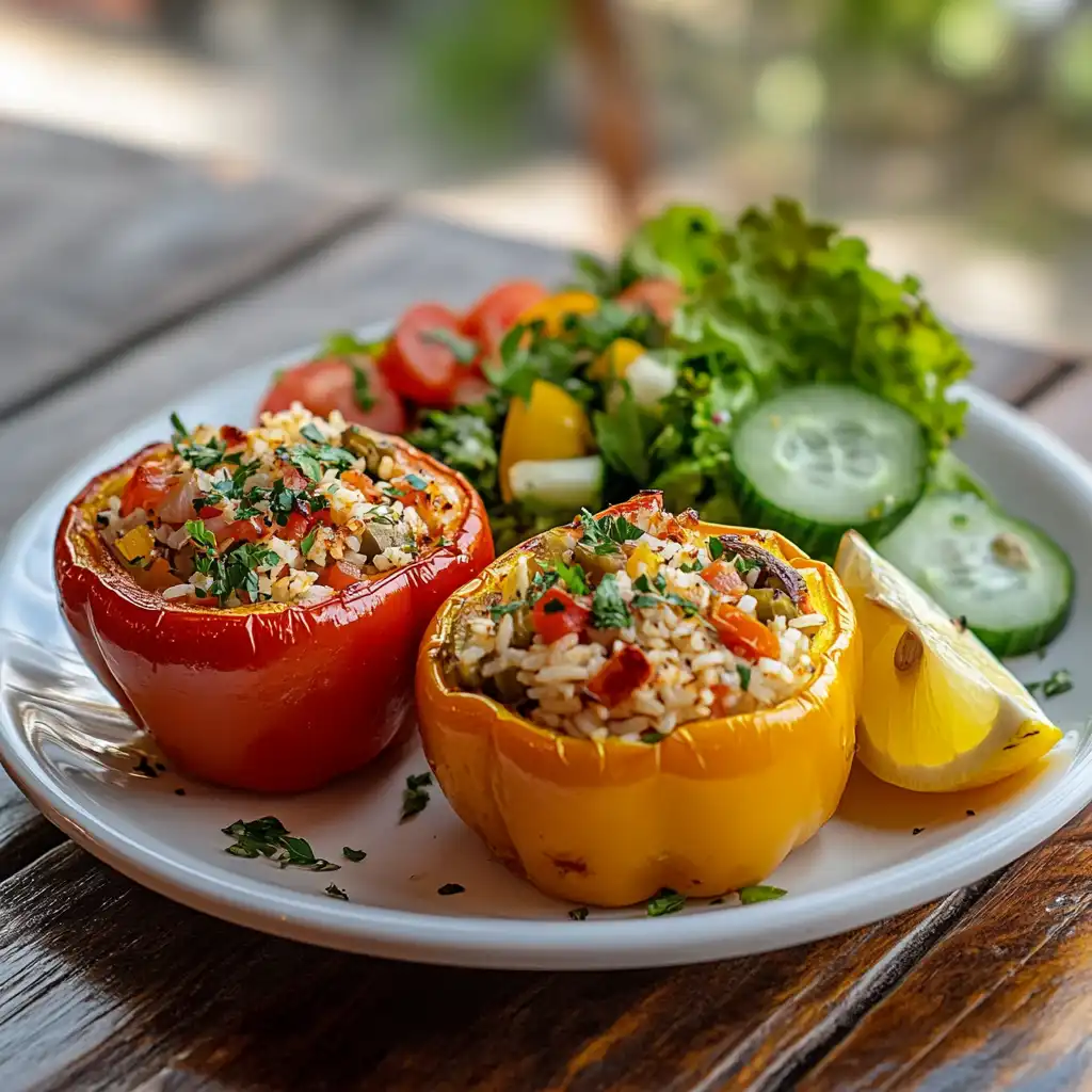 Stuffed peppers served on a plate with a fresh garden salad and lemon wedges.