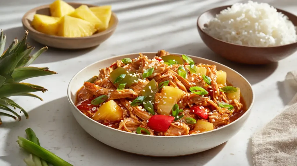 Sweet Hawaiian Crockpot Chicken with pineapple sauce, tender shredded chicken, and bell peppers served over white rice on marble