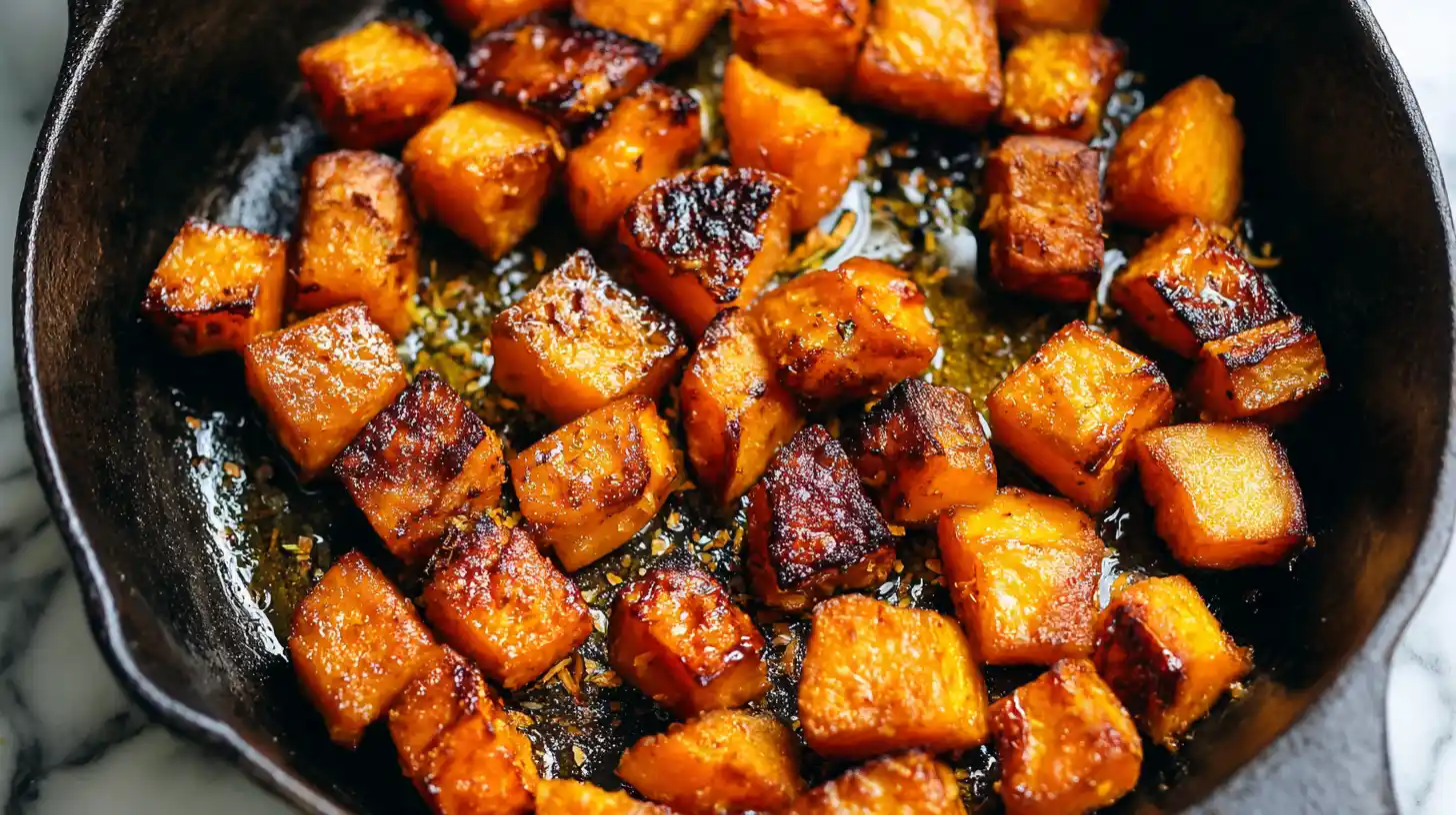 Diced sweet potato cubes getting crispy in hot skillet with golden brown edges