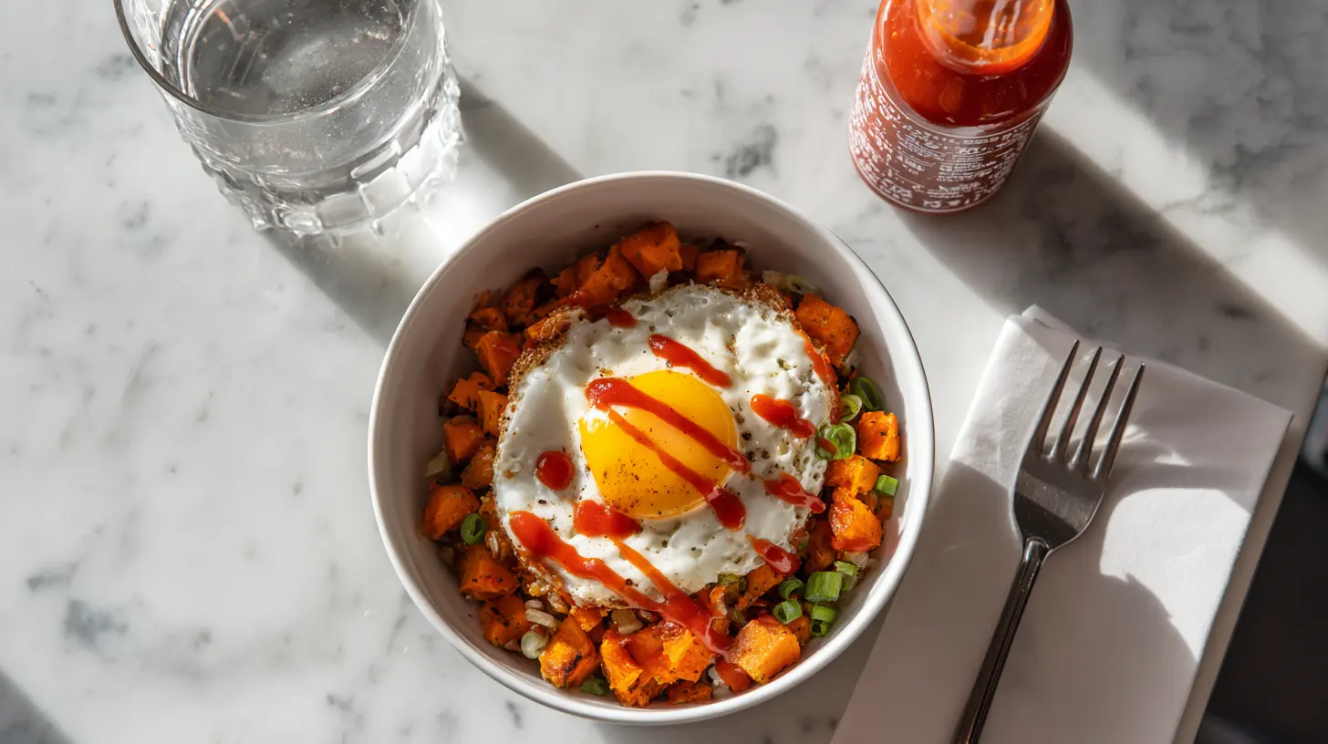 Breakfast bowl with sweet potato turkey sausage hash topped with sunny-side up egg and hot sauce