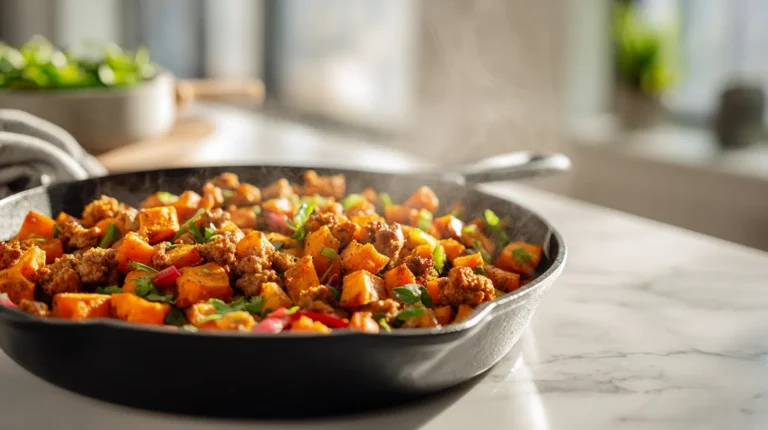Healthy sweet potato hash with turkey sausage, bell peppers, and onions in cast iron skillet