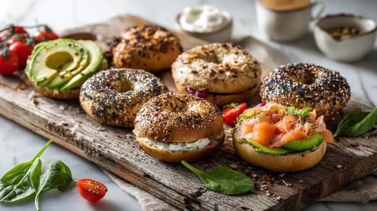 Variety of healthy whole grain bagels with nutritious toppings including avocado, salmon and vegetables on white marble counter