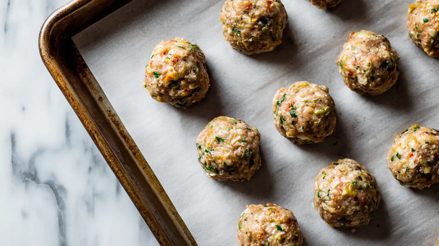 Raw turkey meatballs on baking sheet ready to cook, overhead view