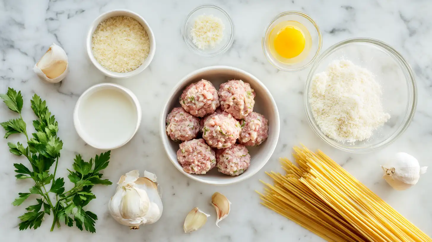 Turkey meatballs and spaghetti ingredients including ground turkey, breadcrumbs, and parmesan overhead view