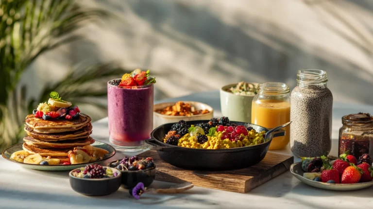 Vibrant vegan breakfast spread with smoothie bowl, tofu scramble, pancakes, avocado toast and chia pudding on white marble counter