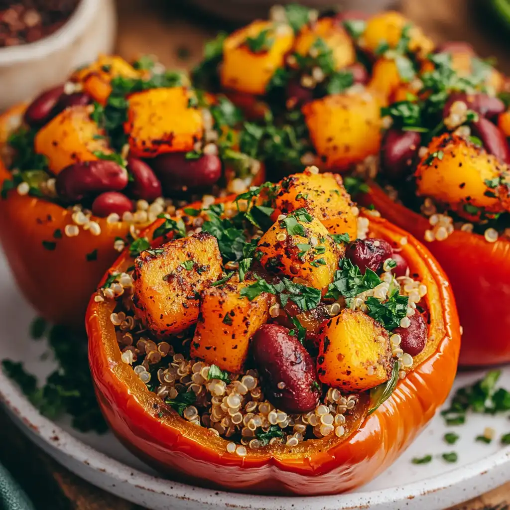 A plate of vibrant vegan stuffed bell peppers filled with quinoa, beans, and vegetables.