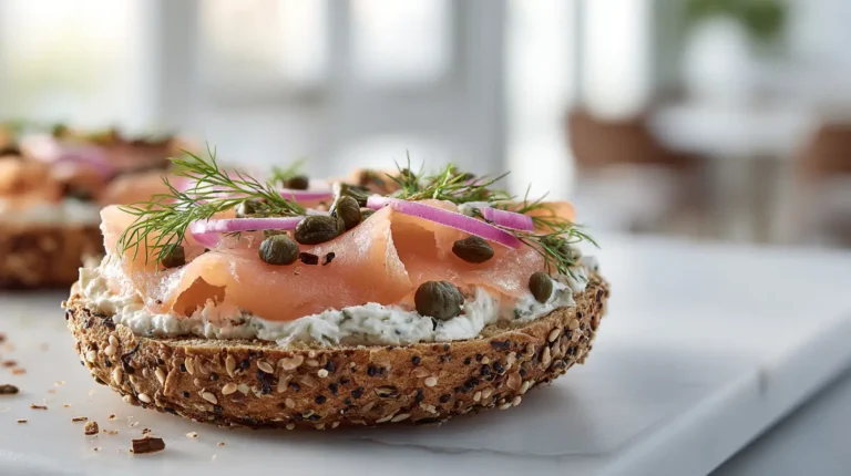 Whole grain bagel topped with lox, cream cheese, capers, and fresh dill on ceramic plate
