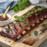 Beef Back Ribs Recipe glazed and resting on cutting board