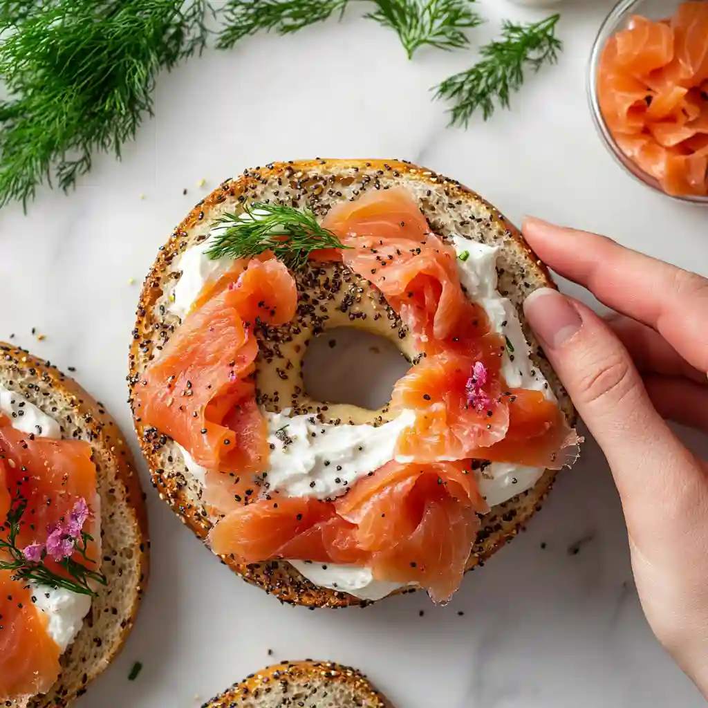 Step-by-step assembly of bagel with lox and cream cheese