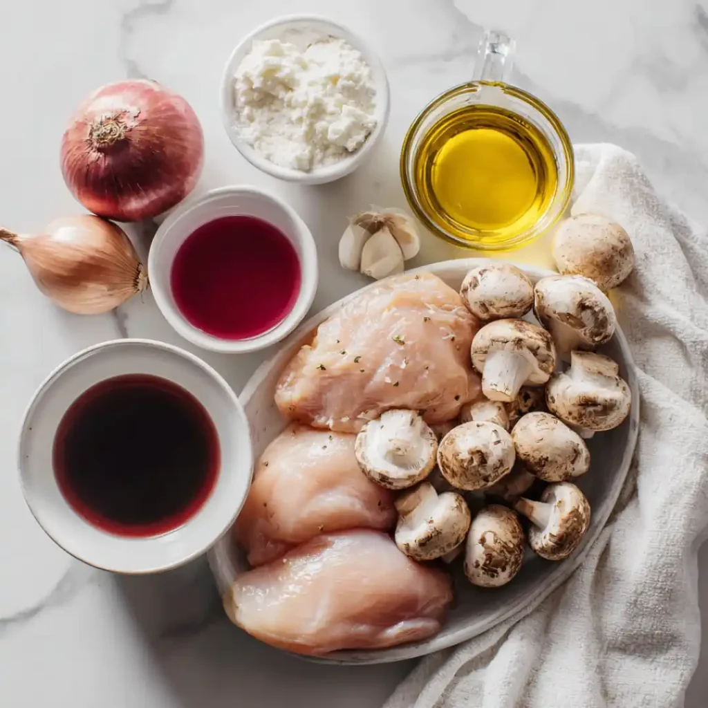 Ingredients for chicken marsala without wine laid out on a counter