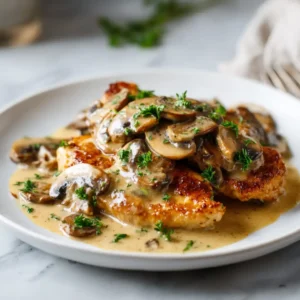 Served chicken marsala without wine with creamy sauce